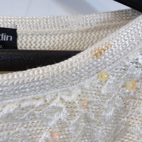 PIERRE CARDIN Ivory Cream Short Sleeve Sweater Lace Detail Sequin Size M Vintage - Picture 4 of 9